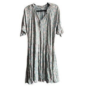 Easel Green Gauze Floral Dress Puff Sleeves Prairie Cottagecore Boho - Medium